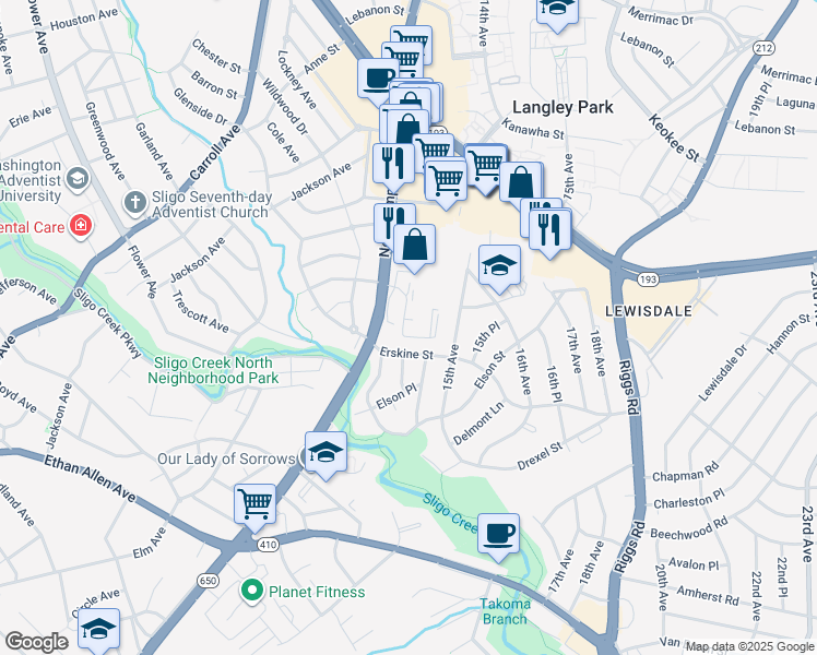 map of restaurants, bars, coffee shops, grocery stores, and more near 7311 New Hampshire Avenue in Takoma Park