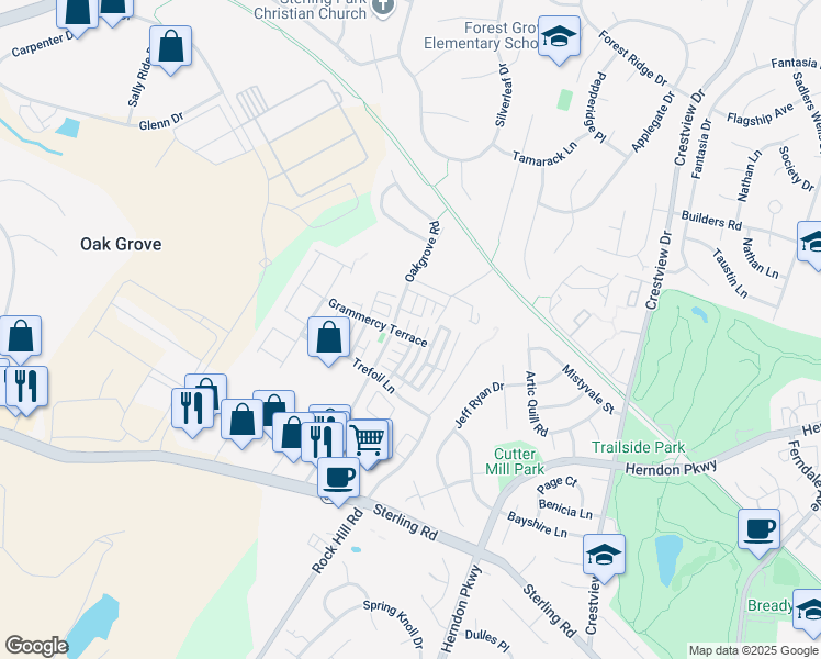map of restaurants, bars, coffee shops, grocery stores, and more near 22917 Regent Terrace in Sterling