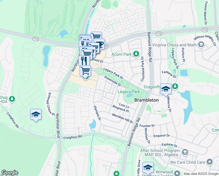 map of restaurants, bars, coffee shops, grocery stores, and more near 22959 Fanshaw Square in Brambleton