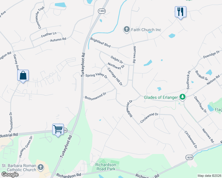 map of restaurants, bars, coffee shops, grocery stores, and more near 3445 Bottomwood Drive in Erlanger