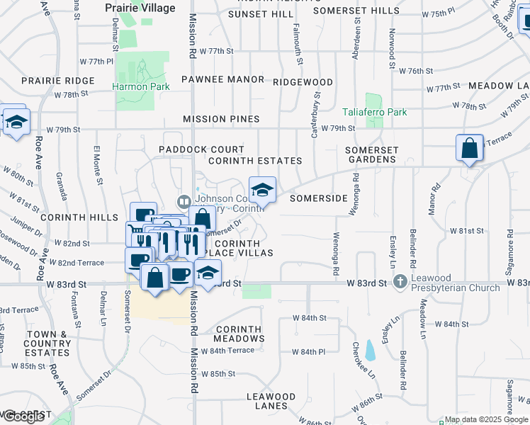 map of restaurants, bars, coffee shops, grocery stores, and more near 3515 Somerset Drive in Prairie Village
