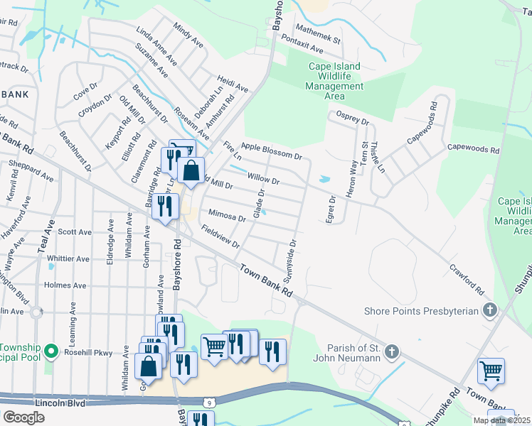 map of restaurants, bars, coffee shops, grocery stores, and more near 202 Orchard Drive in North Cape May