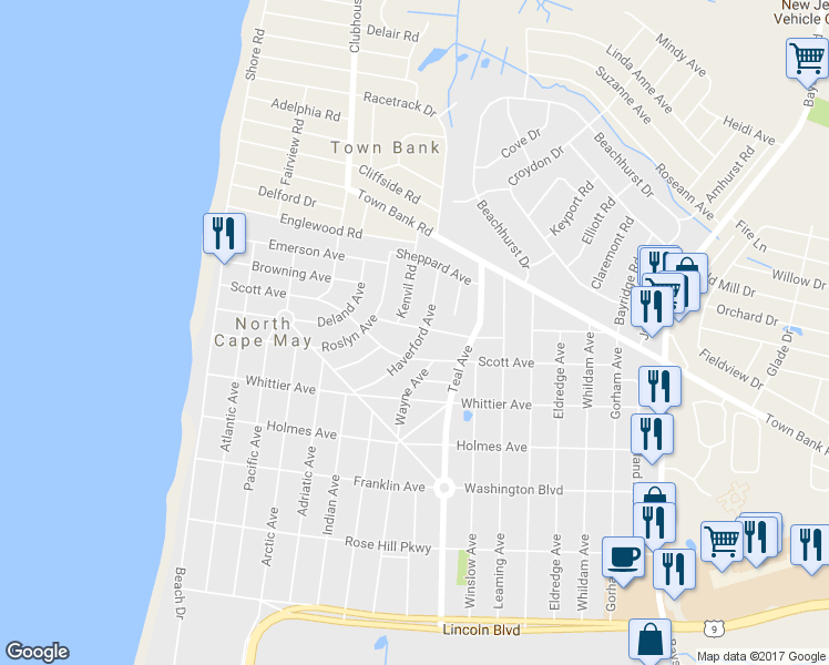 map of restaurants, bars, coffee shops, grocery stores, and more near 200 Haverford Avenue in North Cape May