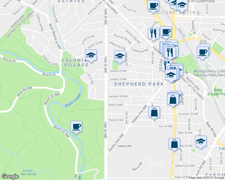 map of restaurants, bars, coffee shops, grocery stores, and more near 1442 Iris Street Northwest in Washington