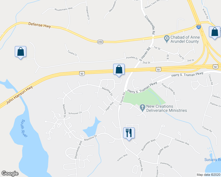 map of restaurants, bars, coffee shops, grocery stores, and more near 1904 Marconi Circle in Annapolis