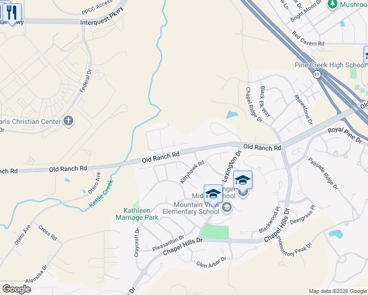 map of restaurants, bars, coffee shops, grocery stores, and more near 2735 Stone Creek Road in Colorado Springs