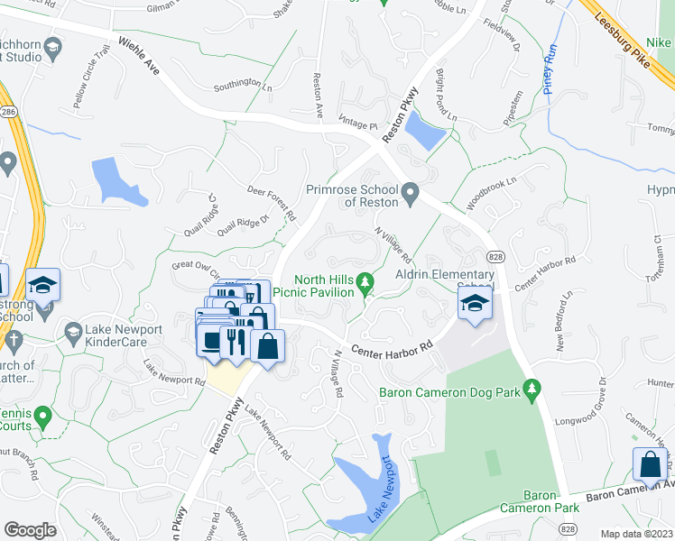 map of restaurants, bars, coffee shops, grocery stores, and more near 1316 Park Garden Lane in Reston