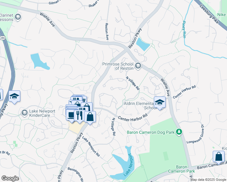 map of restaurants, bars, coffee shops, grocery stores, and more near 1316 Park Garden Lane in Reston