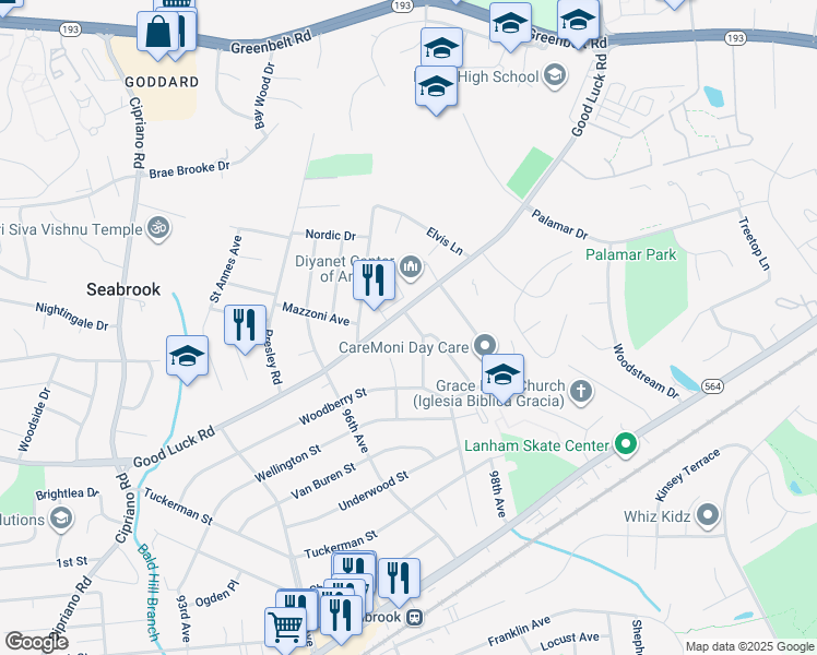 map of restaurants, bars, coffee shops, grocery stores, and more near 6902 97th Place in Lanham