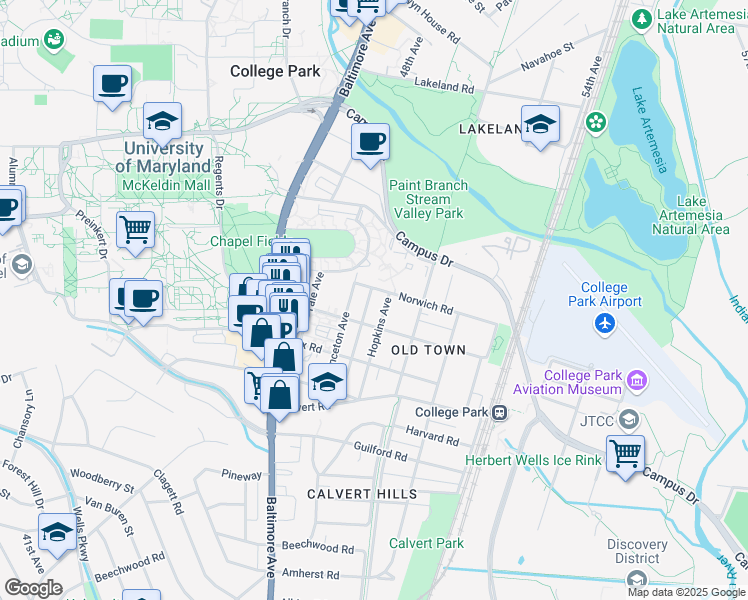 map of restaurants, bars, coffee shops, grocery stores, and more near 7511 Dickinson Avenue in College Park