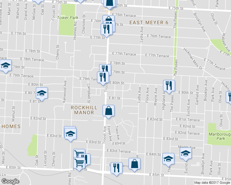 map of restaurants, bars, coffee shops, grocery stores, and more near 1201 East 80 Terrace in Kansas City