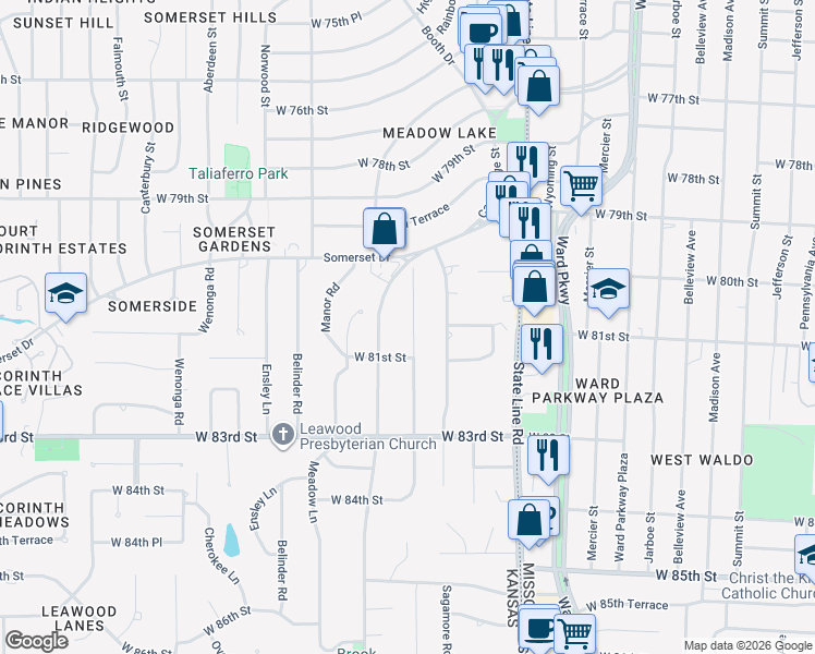 map of restaurants, bars, coffee shops, grocery stores, and more near 8016 High Drive in Leawood