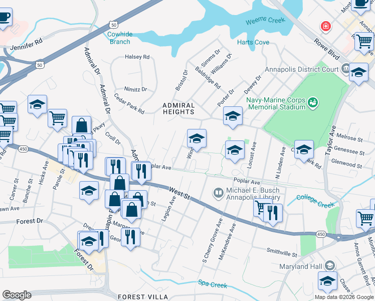map of restaurants, bars, coffee shops, grocery stores, and more near 1701 Wells Street in Annapolis