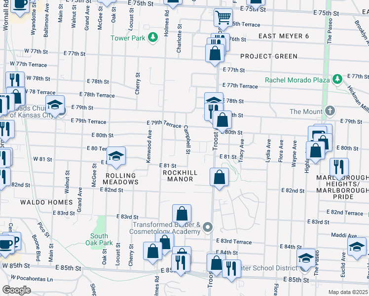 map of restaurants, bars, coffee shops, grocery stores, and more near 8003 Charlotte Street in Kansas City