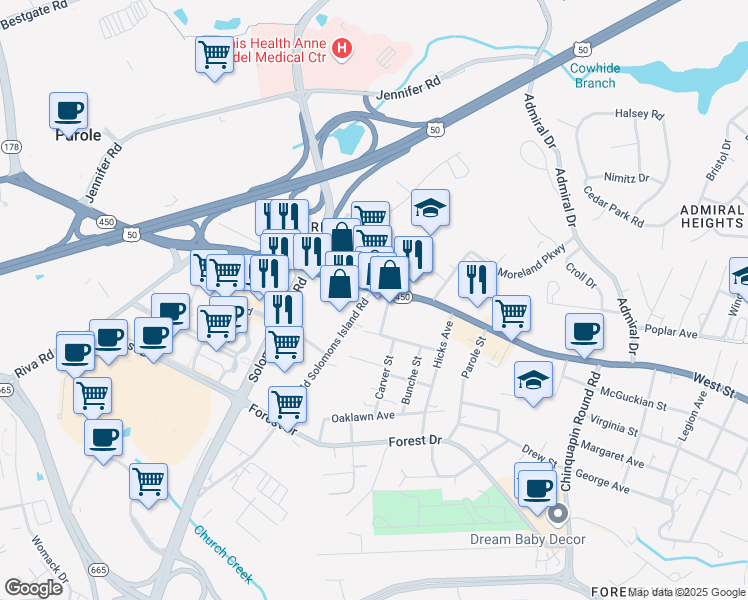 map of restaurants, bars, coffee shops, grocery stores, and more near 2011 West St in Annapolis