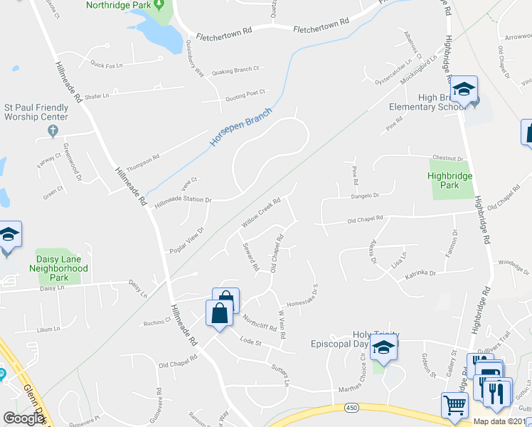 map of restaurants, bars, coffee shops, grocery stores, and more near 6713 Willow Creek Road in Bowie