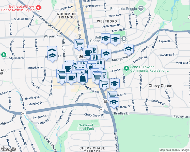 map of restaurants, bars, coffee shops, grocery stores, and more near 7272 Wisconsin Avenue in Bethesda