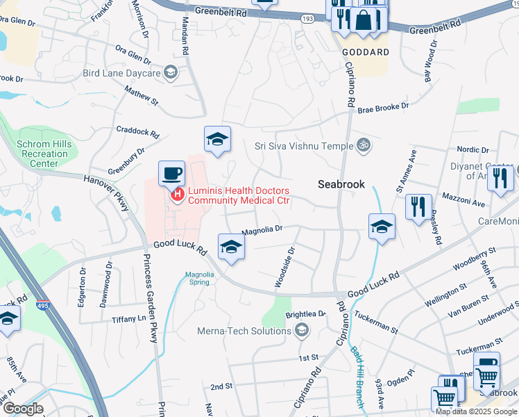 map of restaurants, bars, coffee shops, grocery stores, and more near 7009 Woodthrush Drive in Lanham