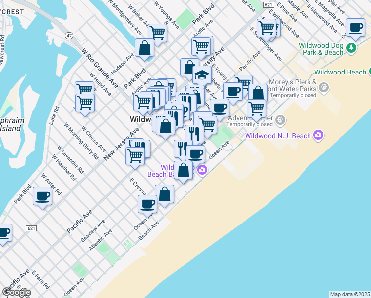 map of restaurants, bars, coffee shops, grocery stores, and more near 244 East Taylor Avenue in Wildwood