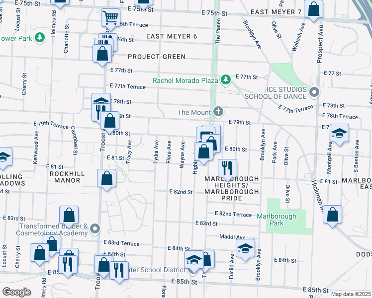 map of restaurants, bars, coffee shops, grocery stores, and more near 8023 Wayne Avenue in Kansas City