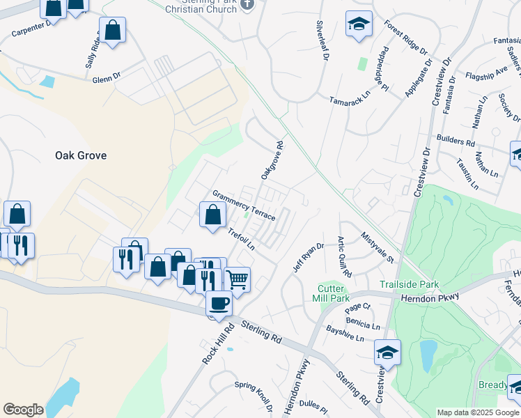 map of restaurants, bars, coffee shops, grocery stores, and more near 22914 Oakgrove Road in Sterling