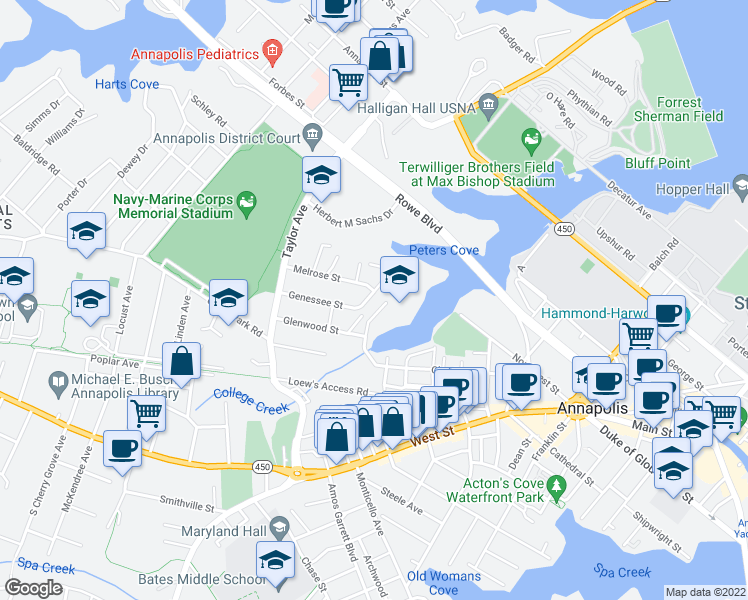 map of restaurants, bars, coffee shops, grocery stores, and more near 691 Genessee St in Annapolis