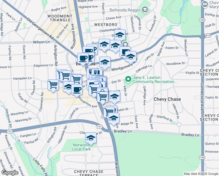 map of restaurants, bars, coffee shops, grocery stores, and more near 7205 46th Street in Chevy Chase