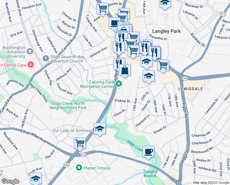 map of restaurants, bars, coffee shops, grocery stores, and more near 7333 New Hampshire Avenue in Takoma Park