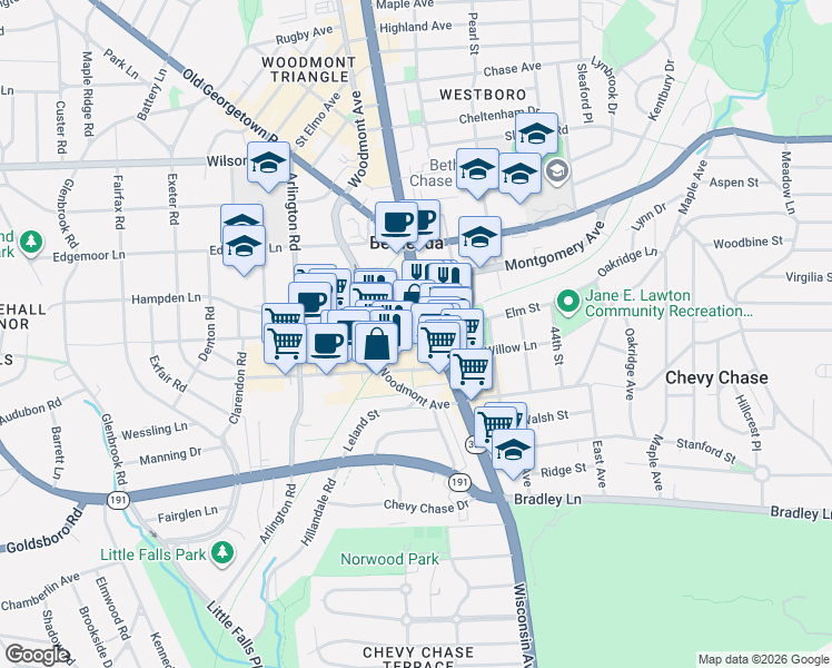 map of restaurants, bars, coffee shops, grocery stores, and more near 7274 Wisconsin Avenue in Bethesda