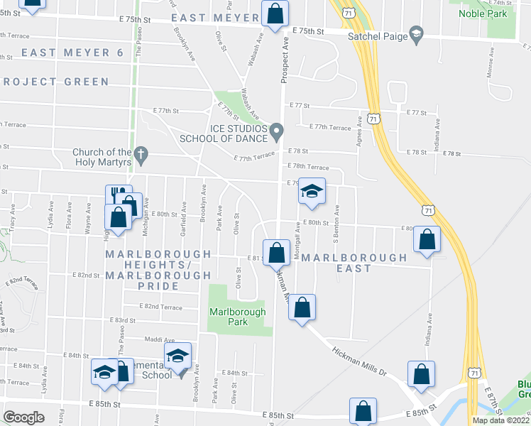 map of restaurants, bars, coffee shops, grocery stores, and more near 7947 Hickman Mills Drive in Kansas City