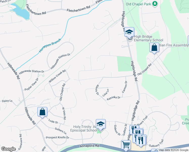 map of restaurants, bars, coffee shops, grocery stores, and more near 13224 Old Chapel Road in Bowie