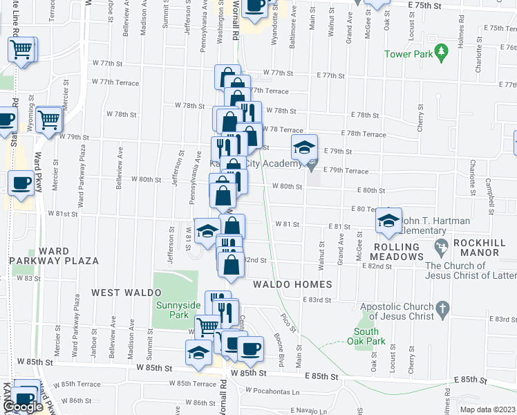 map of restaurants, bars, coffee shops, grocery stores, and more near 207 West 80th Terrace in Kansas City