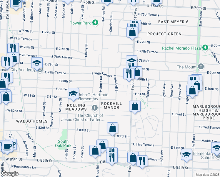 map of restaurants, bars, coffee shops, grocery stores, and more near 8003 Charlotte Street in Kansas City