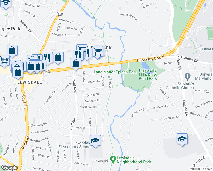 map of restaurants, bars, coffee shops, grocery stores, and more near 2504 Chapman Road in Hyattsville