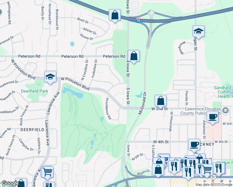 map of restaurants, bars, coffee shops, grocery stores, and more near 2314 Princeton Place in Lawrence