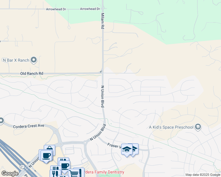 map of restaurants, bars, coffee shops, grocery stores, and more near 10444 Wrangell Cir in Colorado Springs