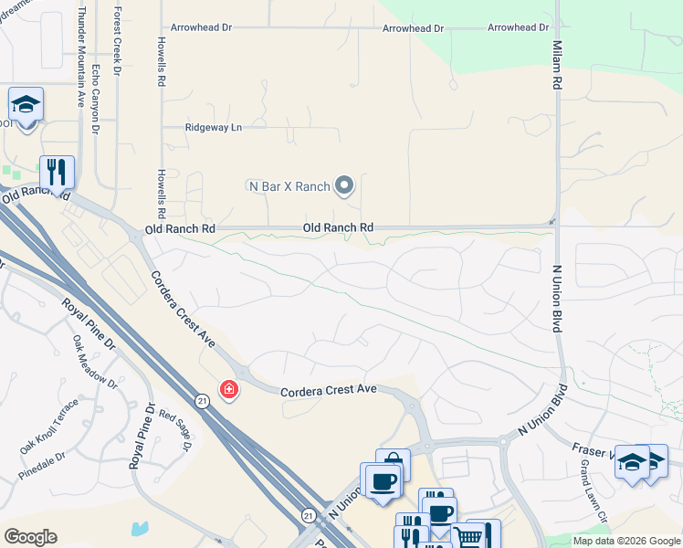 map of restaurants, bars, coffee shops, grocery stores, and more near 4452 Captain Jack Lane in Colorado Springs