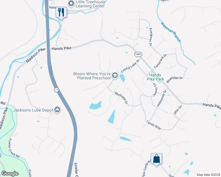 map of restaurants, bars, coffee shops, grocery stores, and more near 9 Waterside Way in Covington
