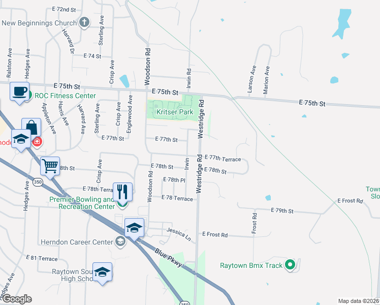 map of restaurants, bars, coffee shops, grocery stores, and more near 7712 Westridge Road in Raytown