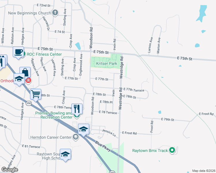 map of restaurants, bars, coffee shops, grocery stores, and more near 11804 East 77th Terrace in Raytown