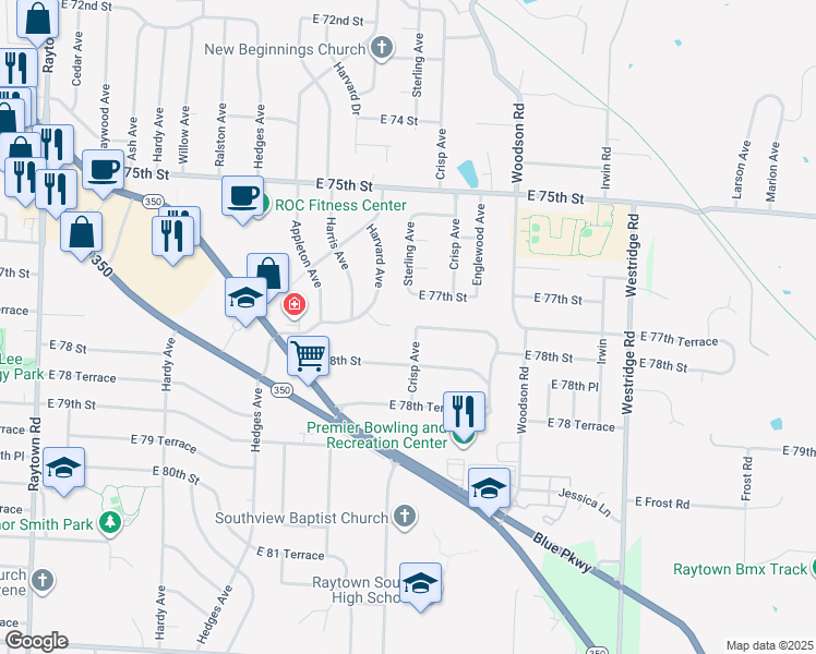 map of restaurants, bars, coffee shops, grocery stores, and more near 11115 East 77th Terrace in Raytown