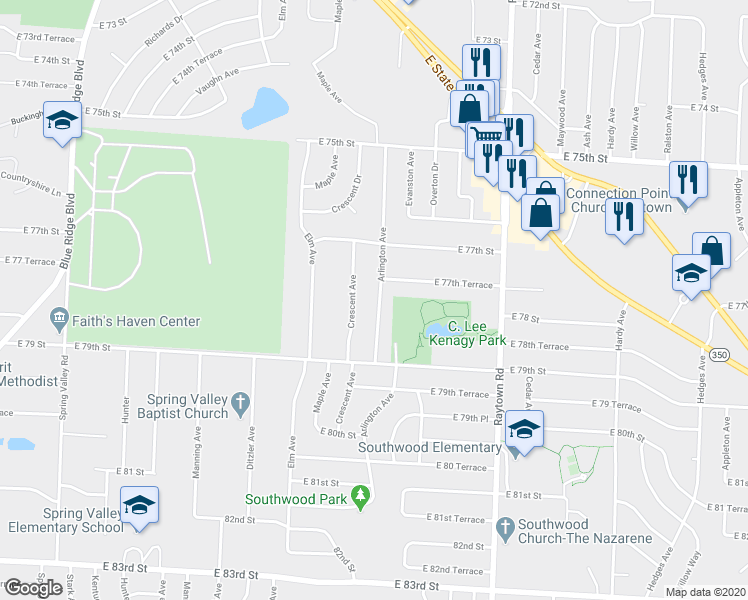 map of restaurants, bars, coffee shops, grocery stores, and more near 7722 Arlington Avenue in Raytown