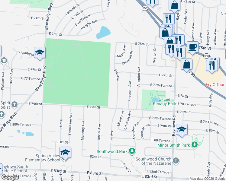 map of restaurants, bars, coffee shops, grocery stores, and more near 7724 Elm Avenue in Raytown