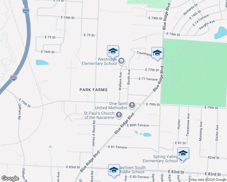 map of restaurants, bars, coffee shops, grocery stores, and more near 7804 Wallace Avenue in Kansas City