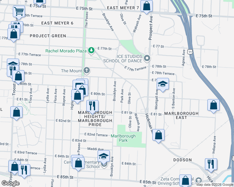 map of restaurants, bars, coffee shops, grocery stores, and more near 7940 Park Avenue in Kansas City