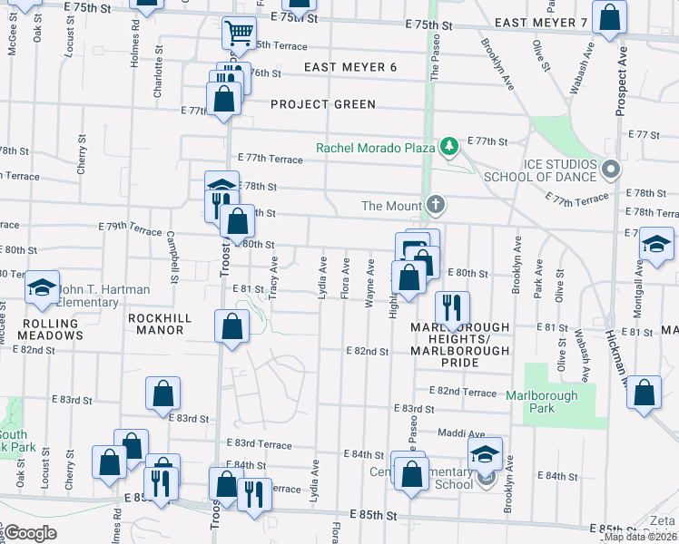 map of restaurants, bars, coffee shops, grocery stores, and more near 8022 Flora Avenue in Kansas City