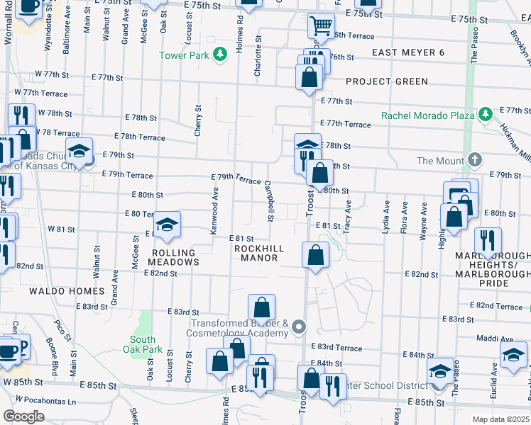 map of restaurants, bars, coffee shops, grocery stores, and more near 8003 Charlotte Street in Kansas City