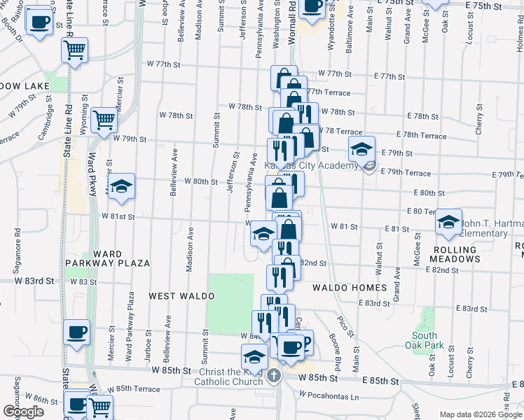 map of restaurants, bars, coffee shops, grocery stores, and more near 8028 Washington Street in Kansas City