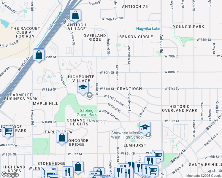 map of restaurants, bars, coffee shops, grocery stores, and more near 9305 West 81st Lane in Overland Park