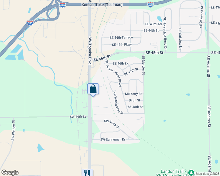 map of restaurants, bars, coffee shops, grocery stores, and more near Landon Nature Trail in Topeka
